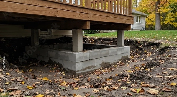 Fototapeta Construction progress on a deck foundation, with concrete blocks and lumber visible.

