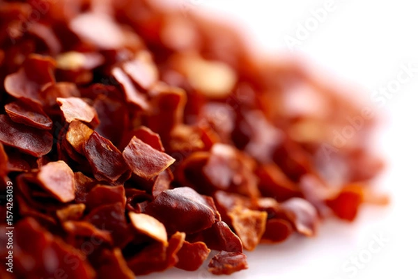 Fototapeta Close-up view of crushed red chili flakes scattered on a white surface, showcasing vibrant colors and textures, ideal for culinary use, adding spice and flavor to various dishes and recipes
