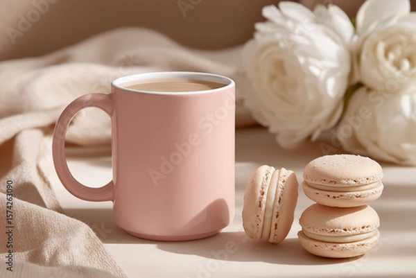Fototapeta Pink ceramic mug filled with warm beverage beside delicate macarons and soft fabric, with white roses in the background, creating a cozy inviting atmosphere for relaxation, post card, greeting card