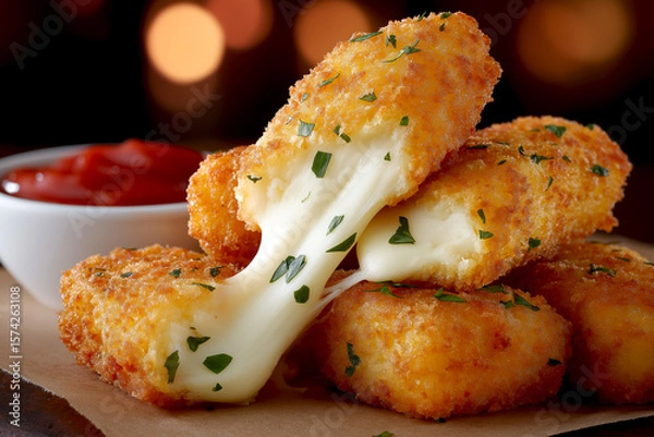 Fototapeta Golden crispy cheese sticks with gooey melted cheese are presented on a wooden board, accompanied by a small bowl of tangy ketchup, creating an inviting snack experience for food enthusiasts