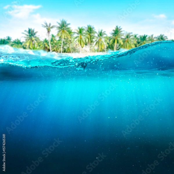 Fototapeta Split view of turquoise tropical ocean water with splash, sunrays underwater, and palm trees on the shore. Bright, sunny summer vacation concept.