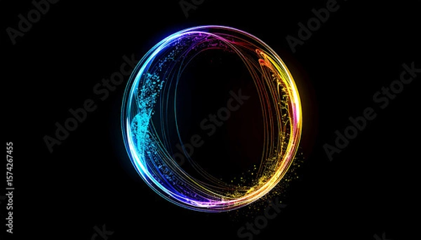 Obraz 暗闇に渦巻く抽象的な鮮やかな光、円形の光線、背景イラスト、生成AI画像イメージ