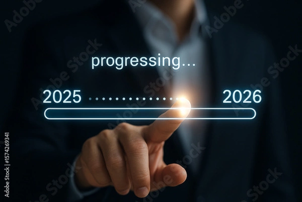 Fototapeta Progress bar from 2025 to 2026 being advanced by a finger in a dark background with suit jacket