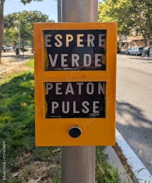 Fototapeta Botón para peatones en un semáforo en un cruce de calles en Madrid, España 