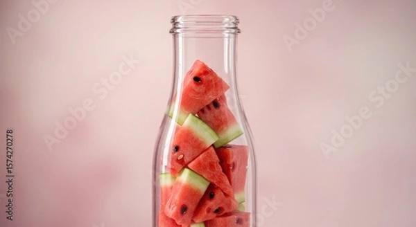 Obraz Watermelon Wedges in Glass Bottle, Pink Background, Refreshing Summer Still Life