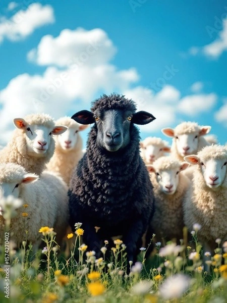 Obraz A black sheep stands out among white sheep in a field under a blue sky with fluffy white clouds