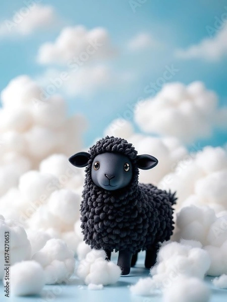 Obraz A black sheep standing on a light blue surface surrounded by fluffy white clouds against a blue sky