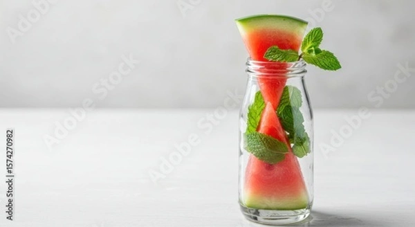 Obraz Watermelon Wedges in Glass Bottle with Mint, Refreshing Summer Still Life