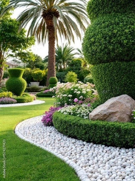 Obraz Lush garden with manicured hedges palm trees and white stone borders creating a serene landscape view