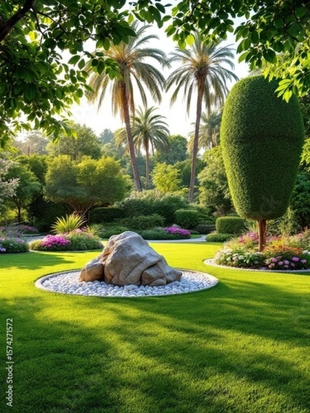 Obraz Lush garden scene featuring palm trees rock formation and meticulously manicured green lawn space