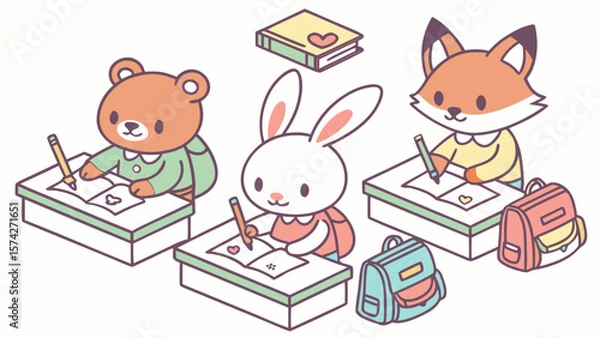 Fototapeta Cute cartoon animals studying at desks with books and backpacks isolated on white background