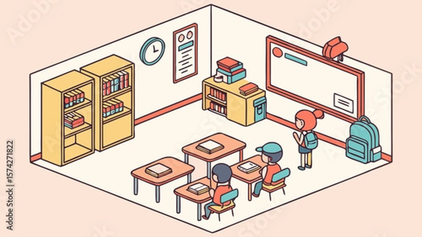 Obraz Children learning in a classroom with books and desks isolated on white background