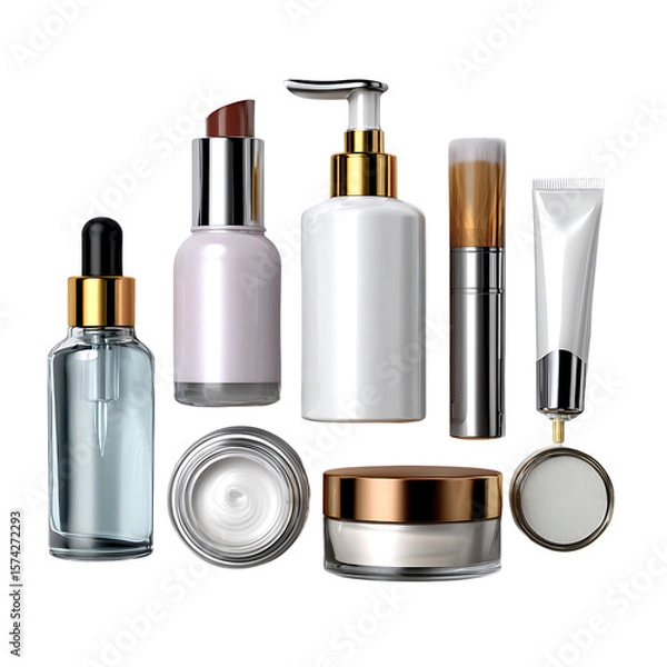 Fototapeta Stylish Collection of Beauty Products on White Background with Skin Care and Makeup Items