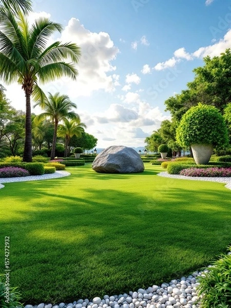 Obraz Lush garden with palm trees, green lawn, large rock, and white pebbles under a bright blue sky and clouds