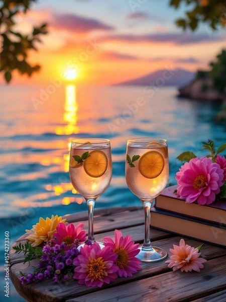 Obraz Two glasses of drinks with flowers and books on a wooden table at sunset by the ocean view scene