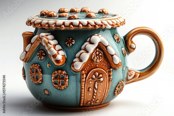 Obraz Classic style. Gingerbread house shaped ceramic cup with lid on a white background. Christmas atmosphere.