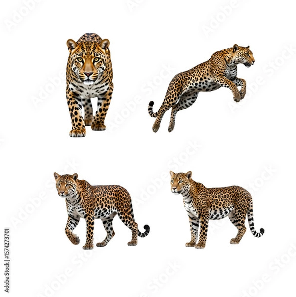 Fototapeta Four majestic leopards are posed against a white background, showcasing their graceful poses and distinctive spotted coats.