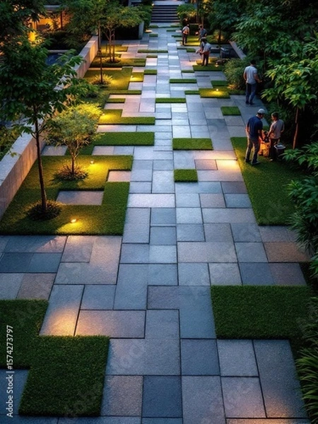 Obraz Overhead view of a patterned walkway with grass and lights in an outdoor garden setting at dusk