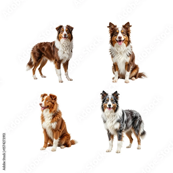 Fototapeta Four beautiful Australian Shepherds showcase diverse coat patterns against a sleek black backdrop, ideal for pet lovers and design projects.