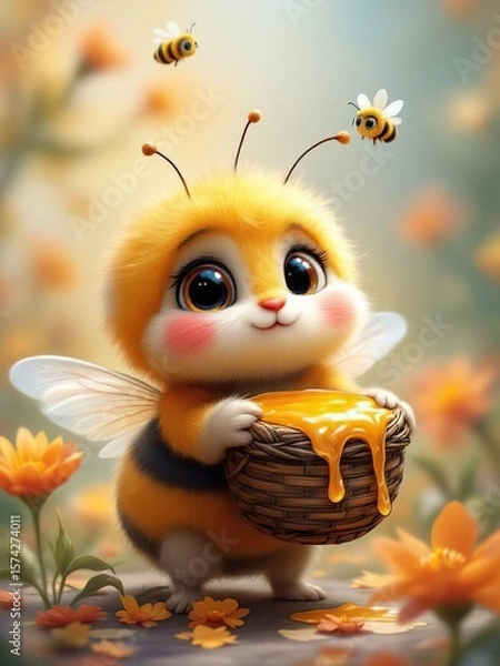 Obraz A cute bee character holding a basket of honey with two bees flying above in a floral setting