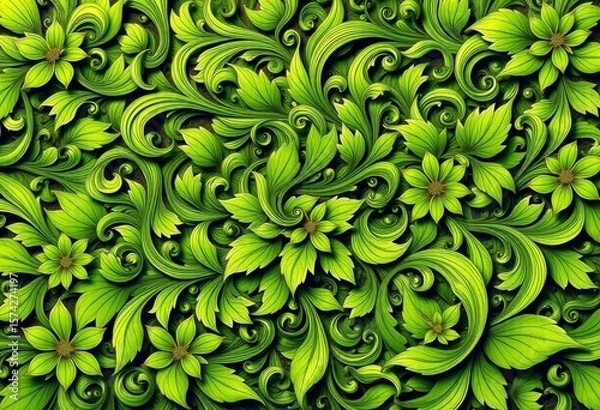 Fototapeta Intricate, swirling green floral pattern, abstract botanical design, vivid, contemporary