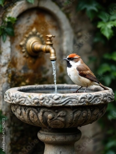 Obraz Bird perched on stone birdbath with running water from brass faucet in garden setting outdoors view