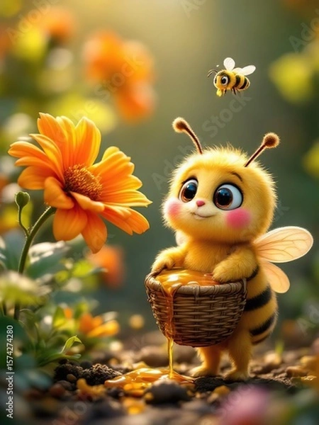 Obraz A cute cartoon bee holding a basket of honey with another bee and flowers in the background