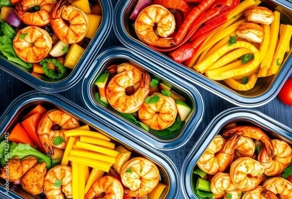 Fototapeta Meal prep containers filled with grilled shrimp and assorted colorful vegetables,  fresh,  containers