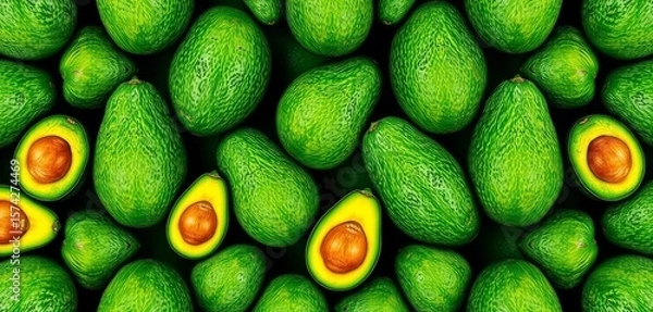 Fototapeta Intricate pattern of vibrant green avocados, arranged in a geometric design,  overhead,  healthy