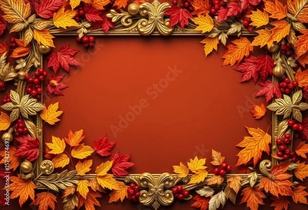 Fototapeta Intricate gold leaf frame overflowing with autumn leaves & berries, texture, berries