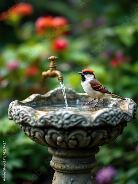 Obraz A bird perched on a birdbath with running water surrounded by flowers in a garden setting outdoors