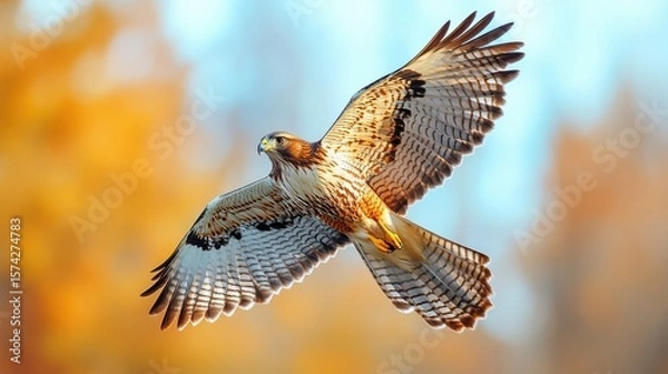 Fototapeta Majestic hawk soars across autumn sky in a dynamic flight showing plumage and powerful wings