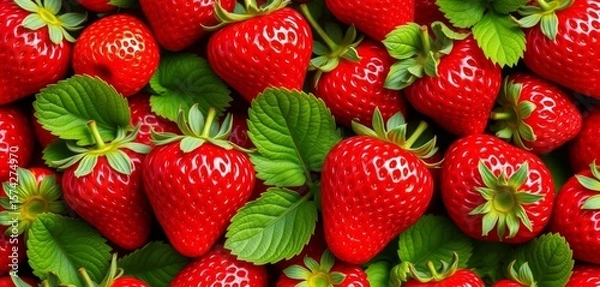 Fototapeta Luscious red strawberries, vibrant green leaves, seamlessly repeating in a juicy background, seamless, generative