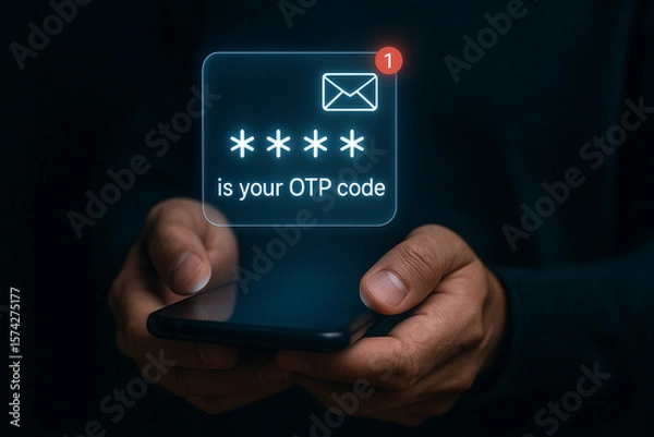 Fototapeta Person holding a phone with an otp code notification displayed on the screen in the dark background
