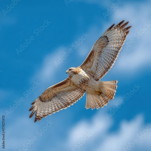 Fototapeta Majestic hawk soars freely in azure sky with expansive wingspan captivating freedom and power natural avian