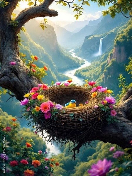 Obraz A bird in a nest decorated with flowers on a tree branch overlooking a scenic mountain landscape