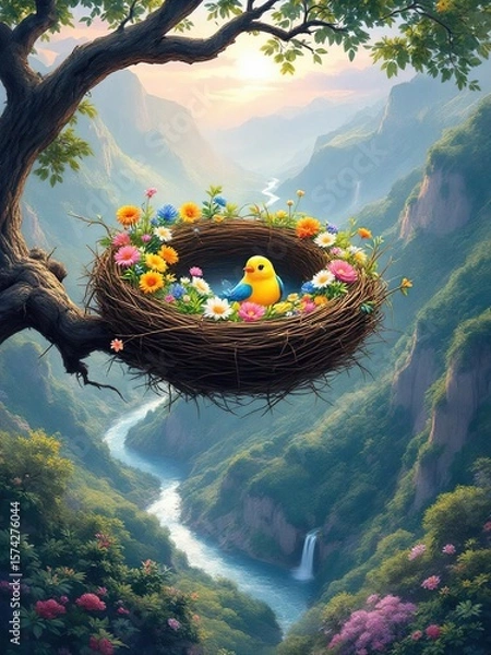 Obraz A yellow bird in a flower decorated nest high above a valley with a winding river and waterfall
