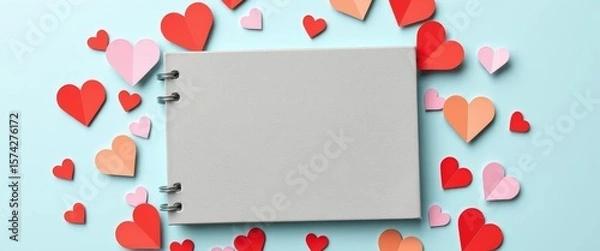 Fototapeta Gray notebook surrounded by small paper hearts, flat lay,   message,   wedding