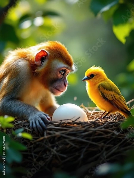 Obraz Monkey and bird looking at egg in nest with green leaves in the background on a sunny day outdoors