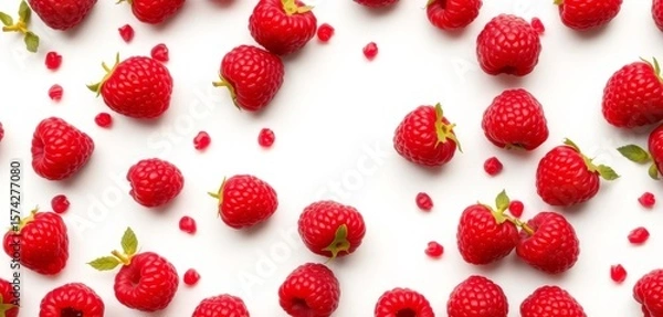 Fototapeta Intricate pattern of fresh raspberries scattered on pristine white background, closeup, antioxidant