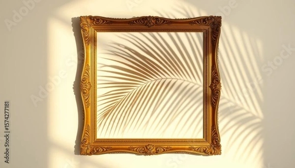 Fototapeta Intricate gilded frame, cast shadow of palm frond against light background, tropical leaf, design