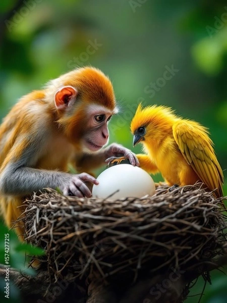 Obraz A monkey and a yellow bird looking at a white egg in a nest in a forest setting outdoors in nature