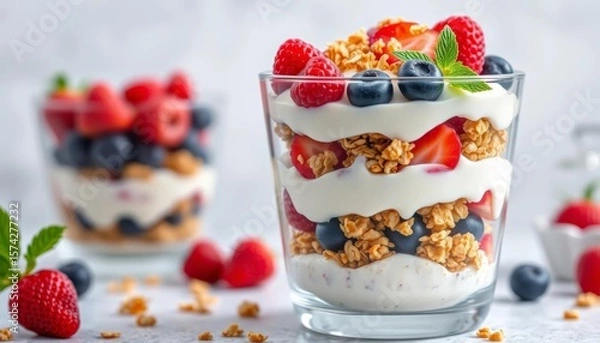 Fototapeta Layered parfait of yogurt, granola, and berries in a clear container, snack, diet
