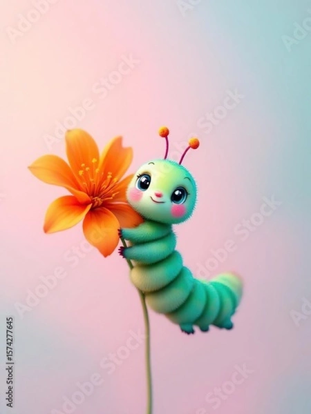 Obraz Cartoon caterpillar with big eyes holding an orange flower against a pastel background image view
