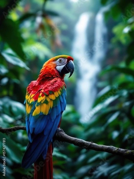 Obraz Scarlet macaw perched on a branch with a waterfall and lush foliage in the background in a tropical setting