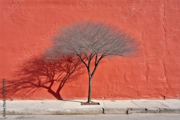 Fototapeta Bare tree casts long shadow on coral wall