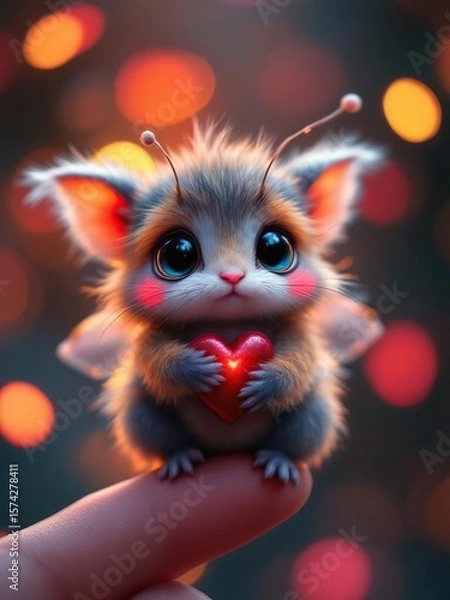 Obraz Cute furry creature with big eyes holding a heart on a finger with bokeh background lights