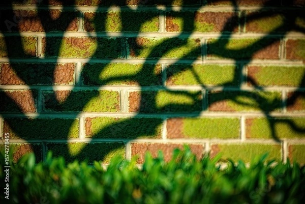 Fototapeta Shadow of a tree on a brick wall, with greenery below