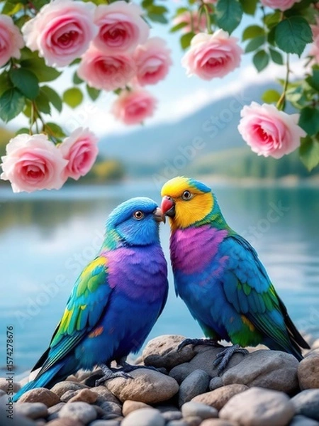Obraz Two colorful birds perched on rocks with pink roses and a lake in the background on a sunny day