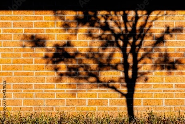 Fototapeta Silhouette of a tree cast on a brick wall